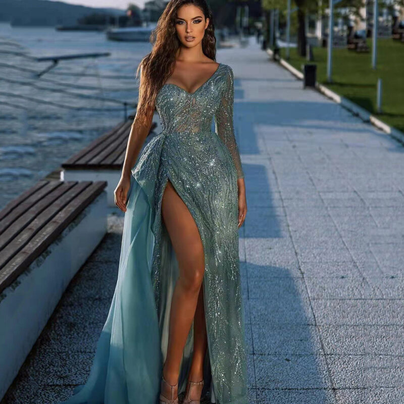 Aurelia One-Shoulder High Slit Sequin Gown